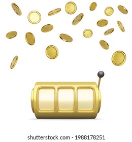 Golden slot machine realistic render. Big win on jackpot casino win. Slot machine wheels and coins rain on background. Vector illustration isolated on white background