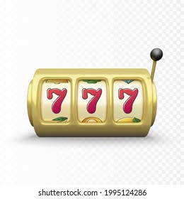 Golden slot machine realistic render. 777 big win or jackpot casino win. Vector illustration