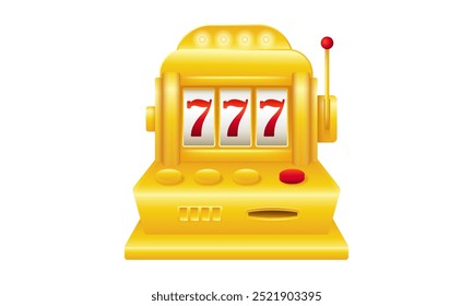 Golden slot machine with red sevens. Lucky machine for casino and gambling. Fortune risk lever with jackpot.