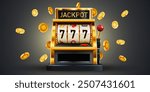 Golden slot machine wins the jackpot. 777 Big win concept. Casino jackpot. Vector illustration