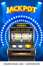 Golden slot machine wins the jackpot. Isolated on red background. Vector illustration