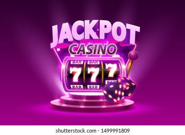 Golden Slotmaschine gewinnt den Jackpot. Einzeln auf violettem Hintergrund. Vektorgrafik