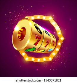 Golden slot machine wins the jackpot 777 on background of an retro frame. Vector illustration