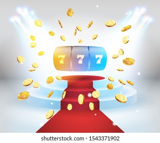 Golden slot machine wins the jackpot 777 on background of an explosion of coins and retro frame. Vector illustration. Red carpet with a round podium illuminated by spotlights.