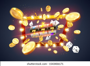 Golden slot machine wins the jackpot 777 on on the background of an explosion of coins and retro frame. Vector illustration