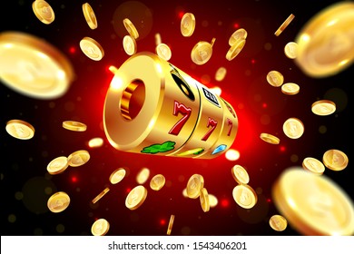 Golden slot machine wins the jackpot 777 on on the background of an explosion of coins. Vector illustration