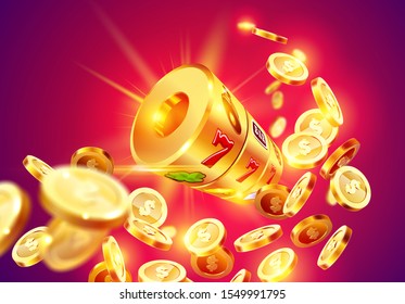 Golden slot machine wins the jackpot 777 on the background of an explosion of coins. Vector illustration