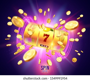 Golden slot machine wins the jackpot 777 on the background of an explosion of coins. Vector illustration