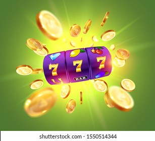 Golden slot machine wins the jackpot 777 on the background of an explosion of coins. Vector illustration