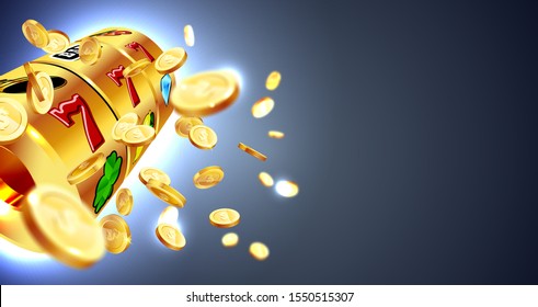 Golden slot machine wins the jackpot 777 on the background of an explosion of coins. Vector illustration