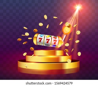 Golden slot machine wins the jackpot 777 on transparent background of an explosion of coins on round podium. Vector illustration.