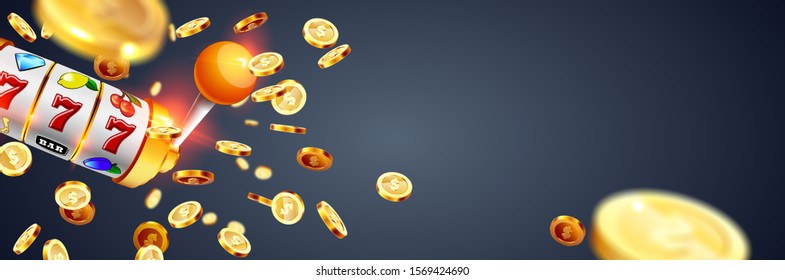 Golden slot machine wins the jackpot 777 on the background of an explosion of coins. Vector illustration