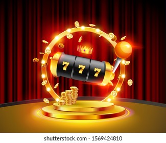Golden slot machine wins the jackpot 777 on background of an explosion of coins and retro frame on round podium. Vector illustration.