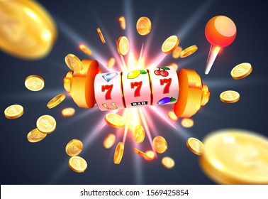 Golden slot machine wins the jackpot 777 on the background of an explosion of coins. Vector illustration