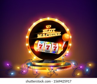 Golden slot machine wins the jackpot 777 on background of luminous garlands and retro frame on round podium. Vector illustration.