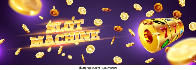 Golden slot machine wins the jackpot 777 on the background of an explosion of coins. Vector illustration