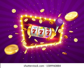 Golden slot machine wins the jackpot 777 on on the background of an explosion of coins and retro frame. Vector illustration