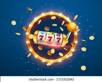 Golden slot machine wins the jackpot 777 on on the background of an explosion of coins and retro frame. Vector illustration