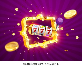 Golden Slot Maschine gewinnt den Jackpot 777 auf dem Hintergrund einer Explosion von Münzen und Retro-Rahmen. Vektorillustration