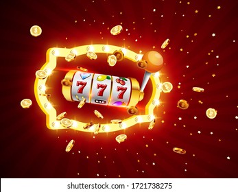 Golden slot machine wins the jackpot 777 on on the background of an explosion of coins and retro frame. Vector illustration