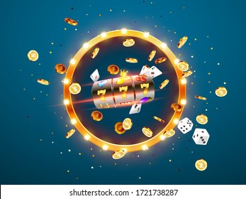 Golden slot machine wins the jackpot 777 on on the background of an explosion of coins and retro frame. Vector illustration