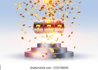 Golden slot machine wins the jackpot 777 on background of an explosion of coins and retro frame. Vector illustration. Round podium illuminated by spotlights.