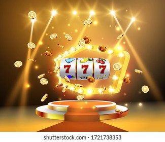 Golden slot machine wins the jackpot 777 on background of an explosion of coins and retro frame. Vector illustration. Red carpet with a round podium and retro frame illuminated by spotlights.