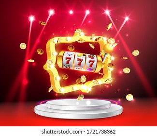 Golden slot machine wins the jackpot 777 on background of an explosion of coins and retro frame. Vector illustration. Round podium and retro frame illuminated by spotlights.