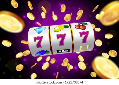 Golden slot machine wins the jackpot 777 on the background of an explosion of coins. Vector illustration