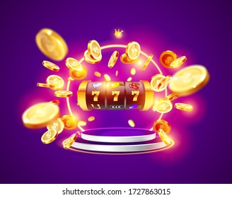 Golden slot machine wins the jackpot 777 on background of an explosion of coins frame. Vector illustration. Round podium and glowing frame illuminated by spotlights.