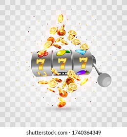 Golden slot machine wins the jackpot 777 on transparent background of an explosion of coins. Vector illustration