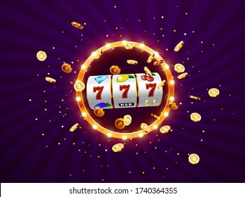 Golden slot machine wins the jackpot 777 on on the background of an explosion of coins and retro frame. Vector illustration