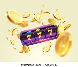 Golden slot machine wins the jackpot 777 on the background of an explosion of coins. Vector illustration