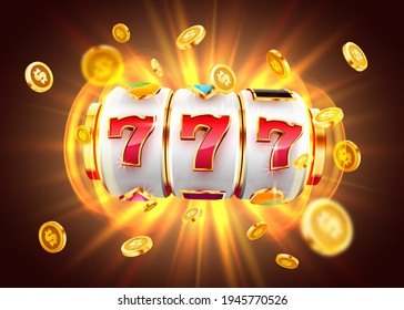 Golden Slot Machine Wins The Jackpot. 777 Big Win Concept. Casino Jackpot. Vector Illustration