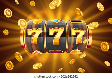 Golden Slot Machine Wins The Jackpot. 777 Big Win Concept. Casino Jackpot. Vector Illustration