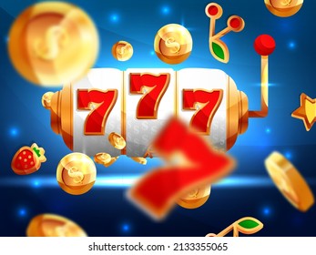 Golden slot machine wins the jackpot. Golden slot machine with flying golden coins wins the jackpot. Online casino.