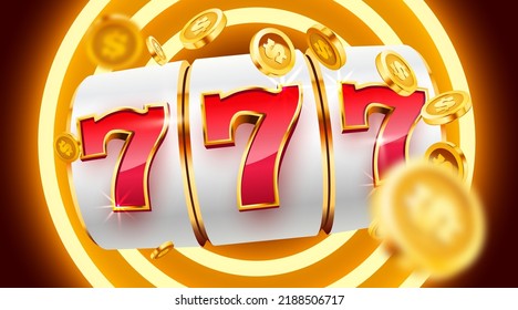 Golden slot machine wins the jackpot. 777 Big win concept. Casino jackpot. Vector illustration