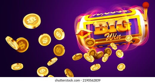 Golden slot machine wins the jackpot. 777 Big win concept. Casino jackpot. Vector illustration