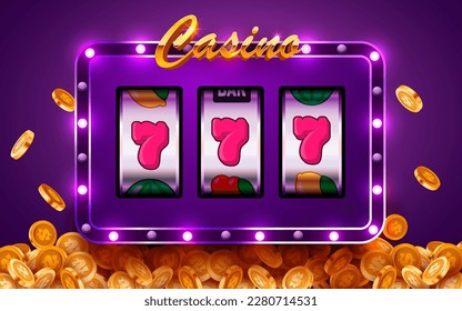 Golden slot machine wins the jackpot. 777 Big win concept. Casino jackpot. Vector illustration