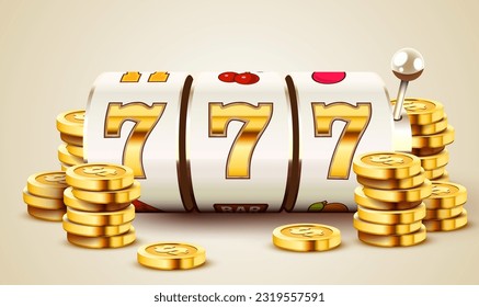 Golden slot machine wins the jackpot. 777 Big win concept. Casino jackpot. Vector illustration