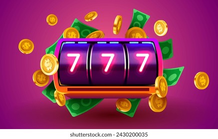 Golden slot machine wins the jackpot. 777 Big win concept. Casino jackpot. Vector illustration