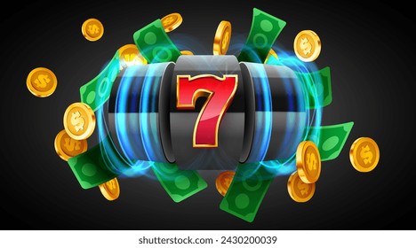 Golden slot machine wins the jackpot. 777 Big win concept. Casino jackpot. Vector illustration