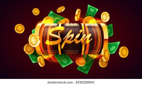 Golden slot machine wins the jackpot. 777 Big win concept. Casino jackpot. Vector illustration