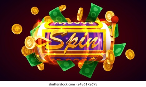 Golden slot machine wins the jackpot. 777 Big win concept. Casino jackpot. Vector illustration