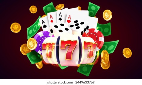 Golden slot machine wins the jackpot. 777 Big win concept. Casino jackpot. Vector illustration