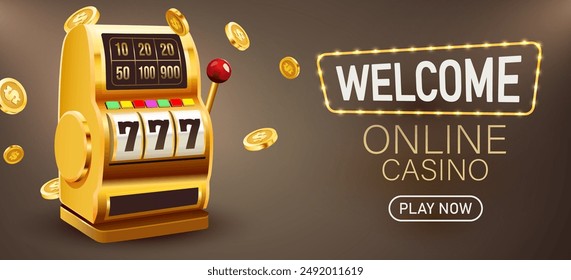 Golden slot machine wins the jackpot. 777 Big win concept. Casino jackpot. Vector illustration