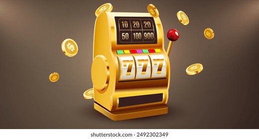 Golden slot machine wins the jackpot. 777 Big win concept. Casino jackpot. Vector illustration