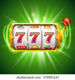 Golden slot machine wins the jackpot. Isolated on green background. Vector illustration