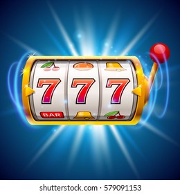 Golden slot machine wins the jackpot. Isolated on blue background. Vector illustration