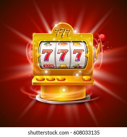 Golden slot machine wins the jackpot. Isolated on red background. Vector illustration